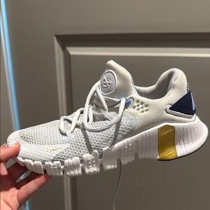 Nike White blue and Gold Metcon Athletic Shoes